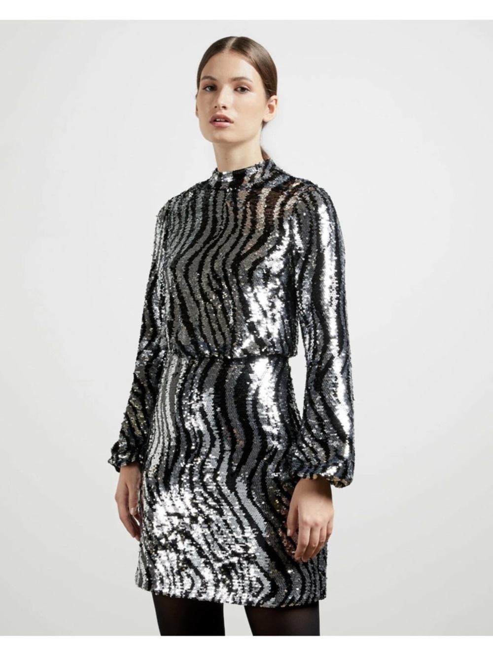 Ted Baker LOUU Black Silver Zebra Long Sleeve Sequin Mini Dress Size 1 (US 4)